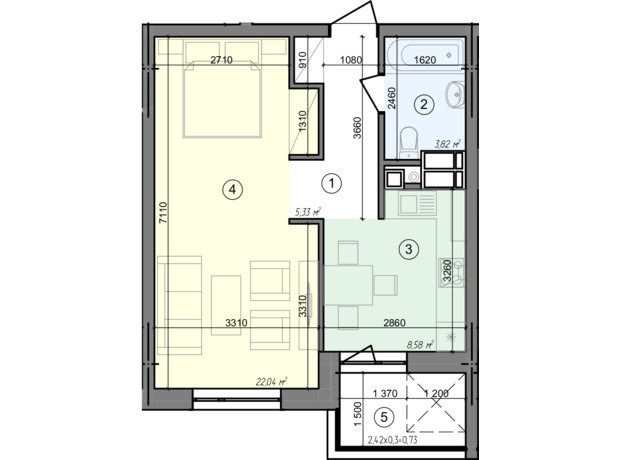 ЖК Голосеевская Долина: планировка 1-комнатной квартиры 40.5 м²