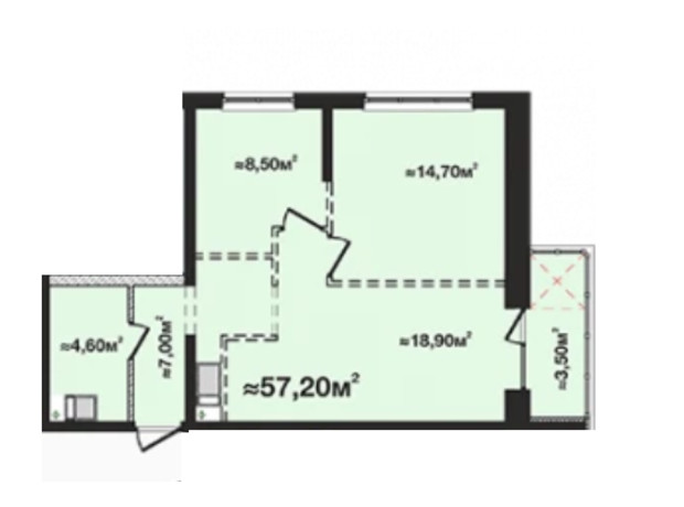 ЖК M.Park: планировка 2-комнатной квартиры 57.2 м²