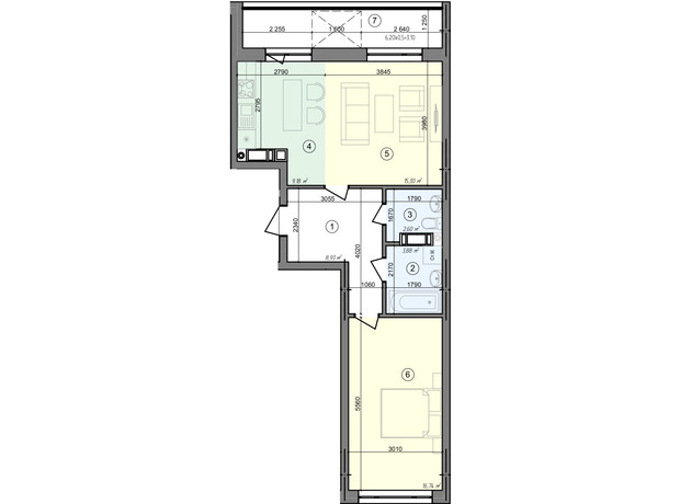 ЖК Голосеевская Долина: планировка 2-комнатной квартиры 59.73 м²