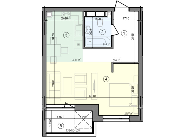 ЖК Голосіївська Долина: планування 1-кімнатної квартири 40.61 м²
