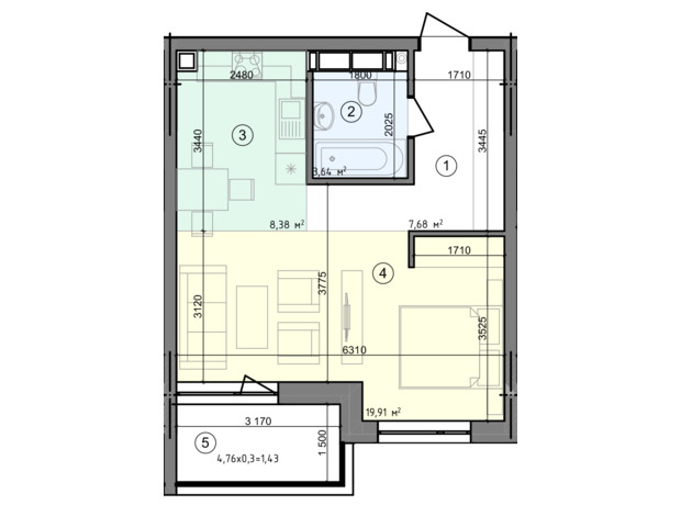 ЖК Голосеевская Долина: планировка 1-комнатной квартиры 41.04 м²