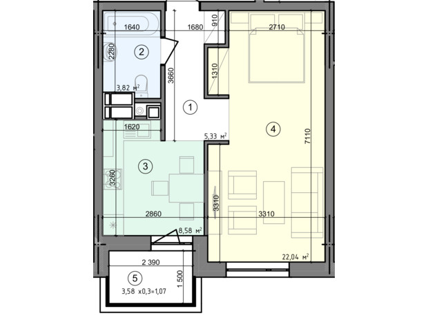 ЖК Голосеевская Долина: планировка 1-комнатной квартиры 40.84 м²