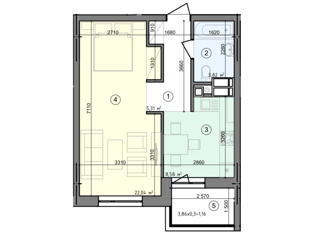 ЖК Голосеевская Долина: планировка 1-комнатной квартиры 40.91 м²