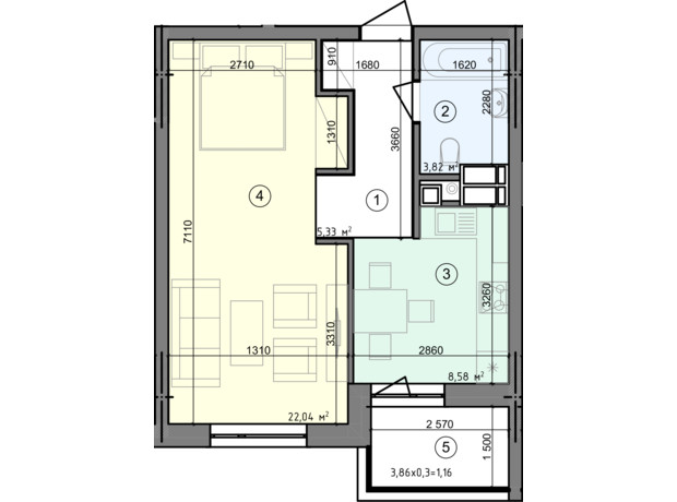 ЖК Голосеевская Долина: планировка 1-комнатной квартиры 40.93 м²