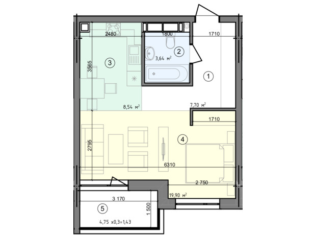 ЖК Голосеевская Долина: планировка 1-комнатной квартиры 41.21 м²