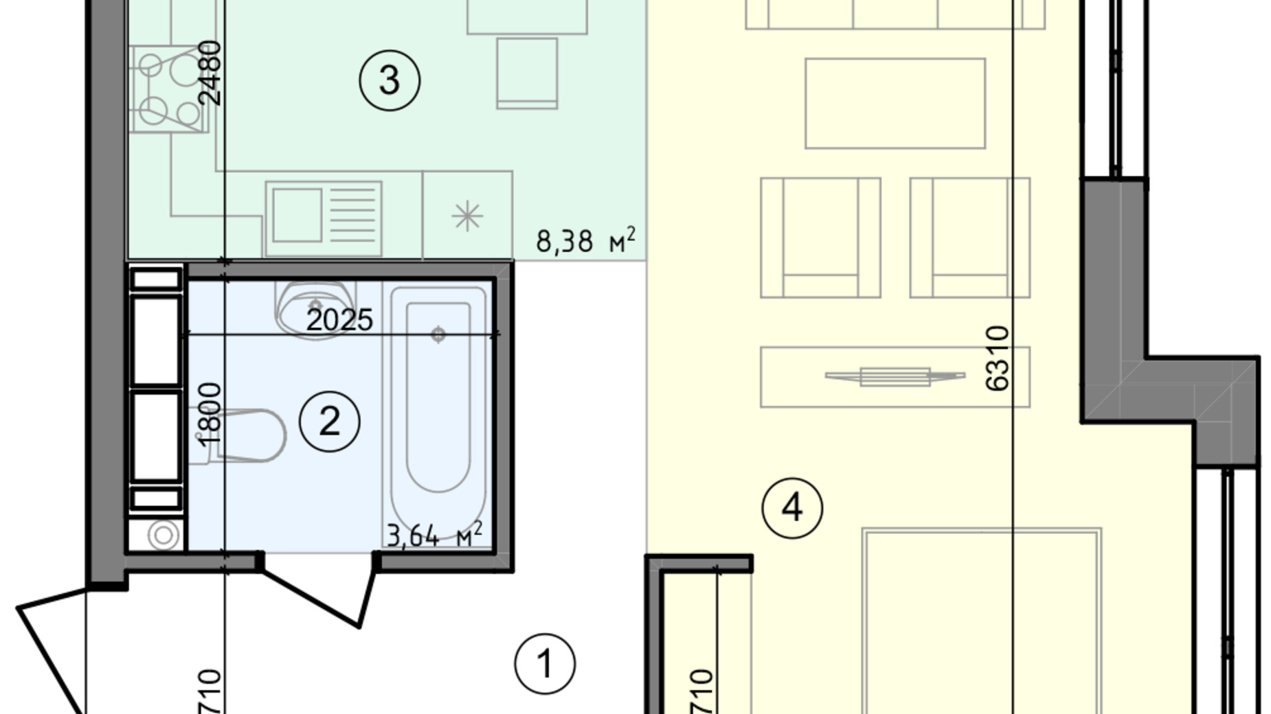 Планування 1-кімнатної квартири в ЖК Голосіївська Долина 39.63 м², фото 295303