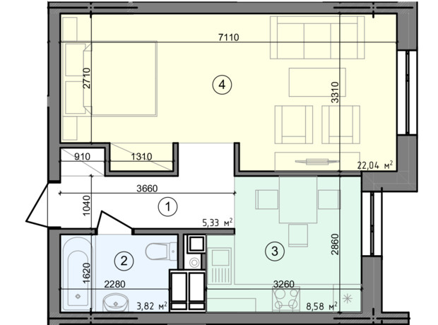 ЖК Голосеевская Долина: планировка 1-комнатной квартиры 39.77 м²