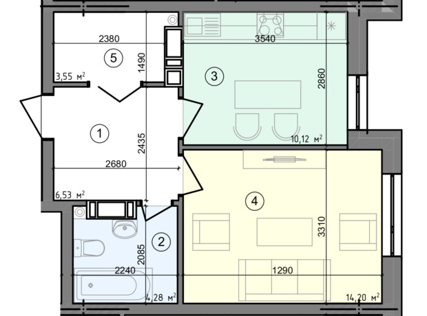 ЖК Голосеевская Долина: планировка 1-комнатной квартиры 38.68 м²