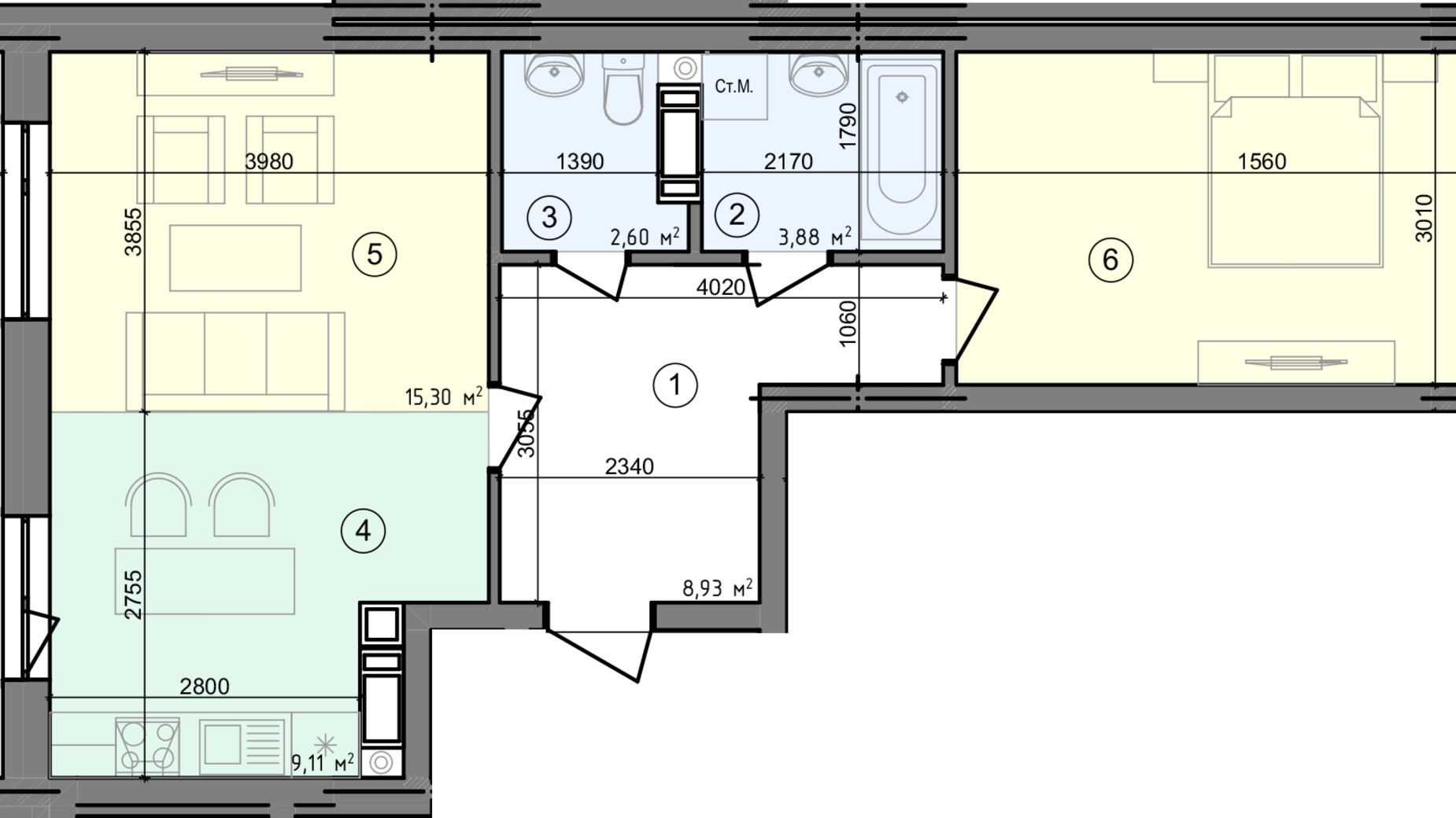 Планування 2-кімнатної квартири в ЖК Голосіївська Долина 60.72 м², фото 295308