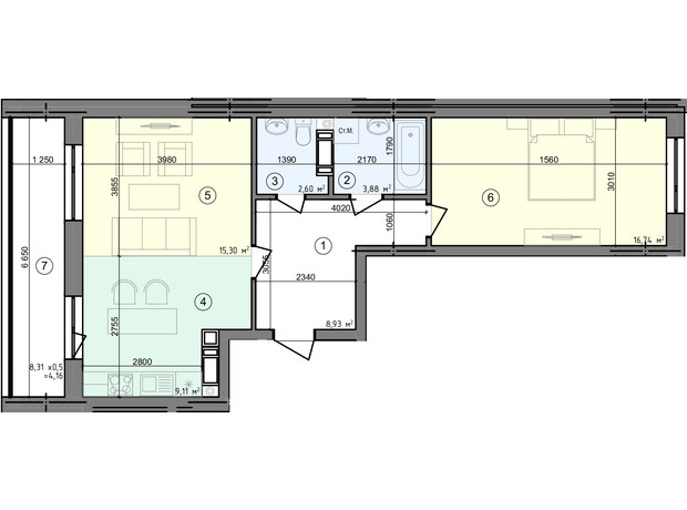 ЖК Голосіївська Долина: планування 2-кімнатної квартири 60.72 м²