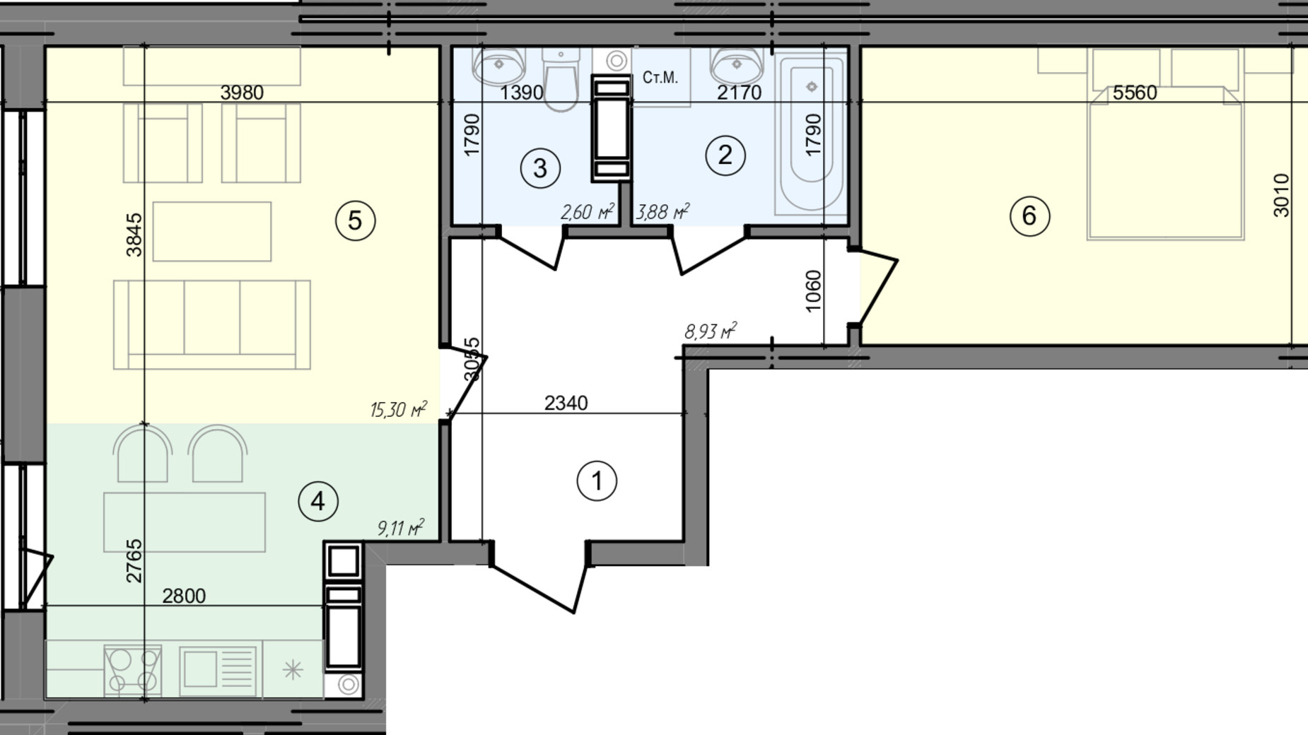 Планировка 2-комнатной квартиры в ЖК Голосеевская Долина 59.76 м², фото 295309