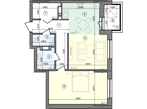 ЖК Голосеевская Долина: планировка 2-комнатной квартиры 56.31 м²