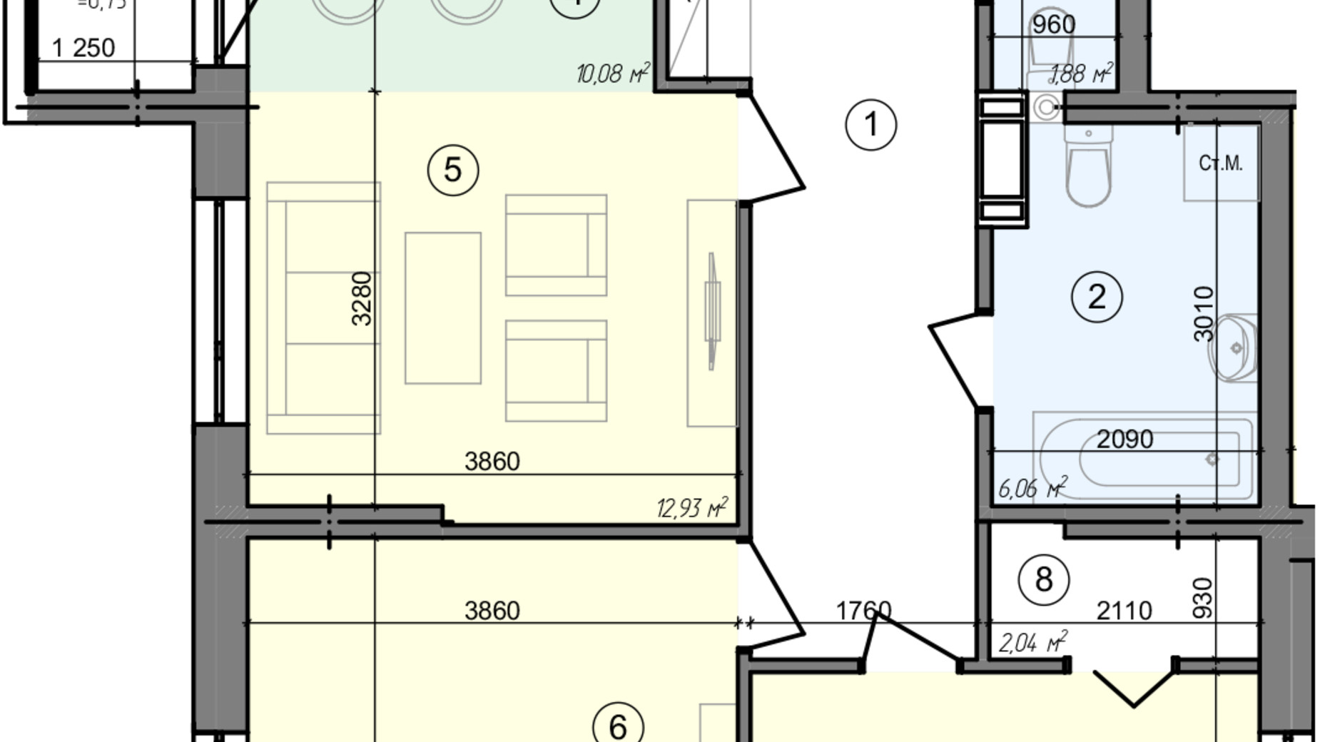 Планировка 3-комнатной квартиры в ЖК Голосеевская Долина 74.94 м², фото 295311