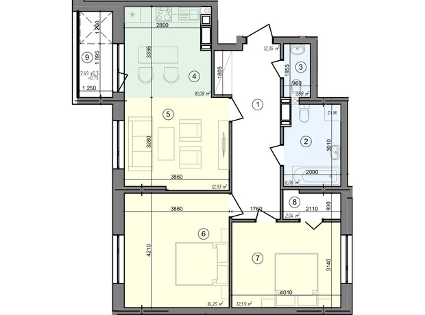ЖК Голосеевская Долина: планировка 3-комнатной квартиры 74.94 м²