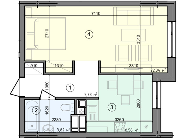 ЖК Голосеевская Долина: планировка 1-комнатной квартиры 39.77 м²