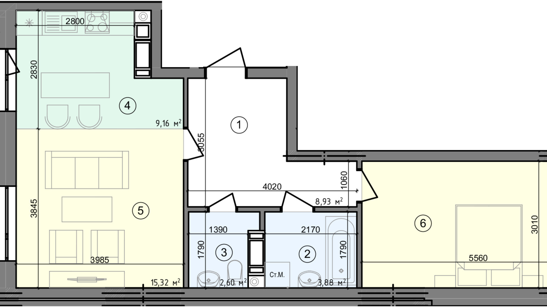 Планировка 2-комнатной квартиры в ЖК Голосеевская Долина 60.68 м², фото 295325