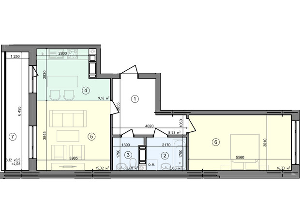 ЖК Голосеевская Долина: планировка 2-комнатной квартиры 60.68 м²