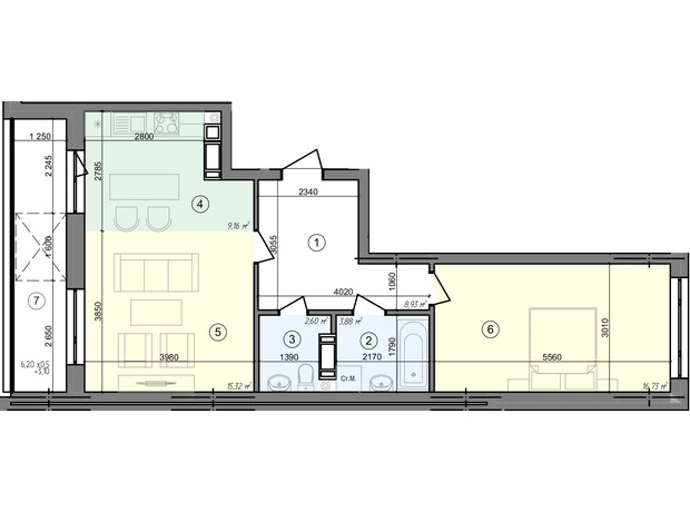 ЖК Голосеевская Долина: планировка 2-комнатной квартиры 59.72 м²