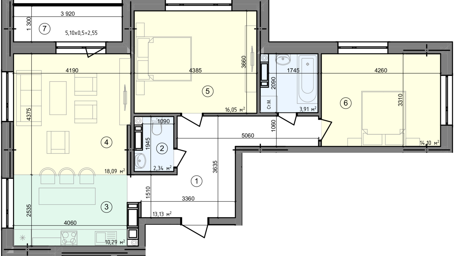 Планировка 3-комнатной квартиры в ЖК Голосеевская Долина 80.46 м², фото 295339