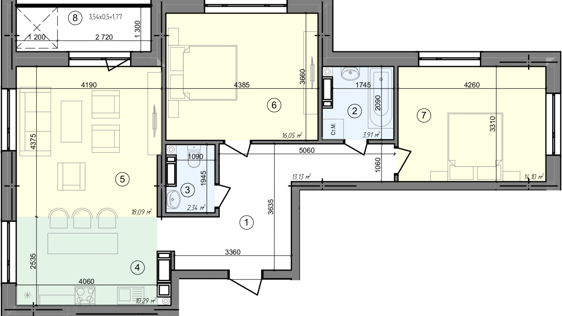 Планировка 3-комнатной квартиры в ЖК Голосеевская Долина 79.68 м², фото 295340