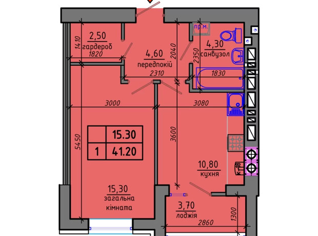 ЖК Gloria: планировка 1-комнатной квартиры 41.2 м²