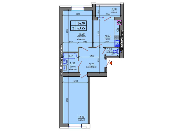 ЖК Gloria: планировка 2-комнатной квартиры 63.75 м²