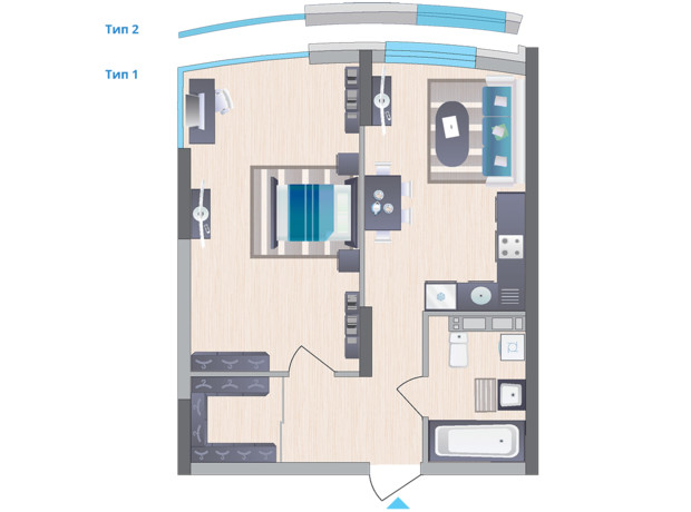 ЖК Symbol: планировка 1-комнатной квартиры 50.45 м²