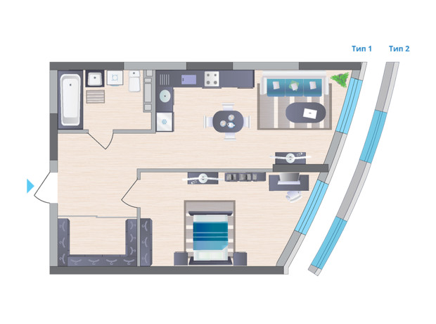 ЖК Symbol: планировка 1-комнатной квартиры 51.93 м²