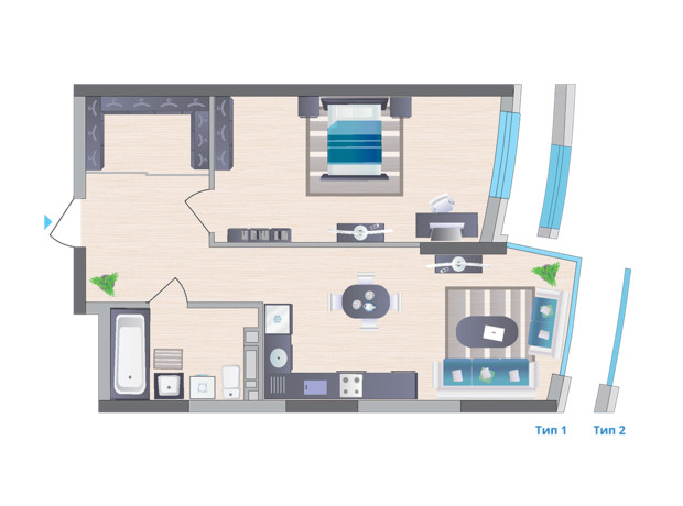 ЖК Symbol: планування 1-кімнатної квартири 55.68 м²
