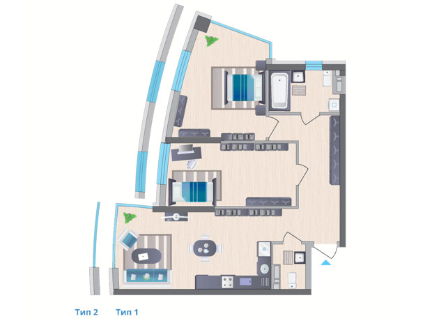 ЖК Symbol: планировка 2-комнатной квартиры 77.05 м²