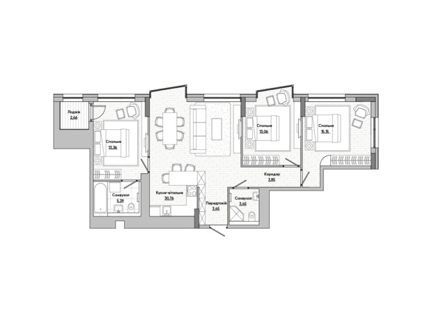 ЖК Lucky Land: планировка 3-комнатной квартиры 90.86 м²