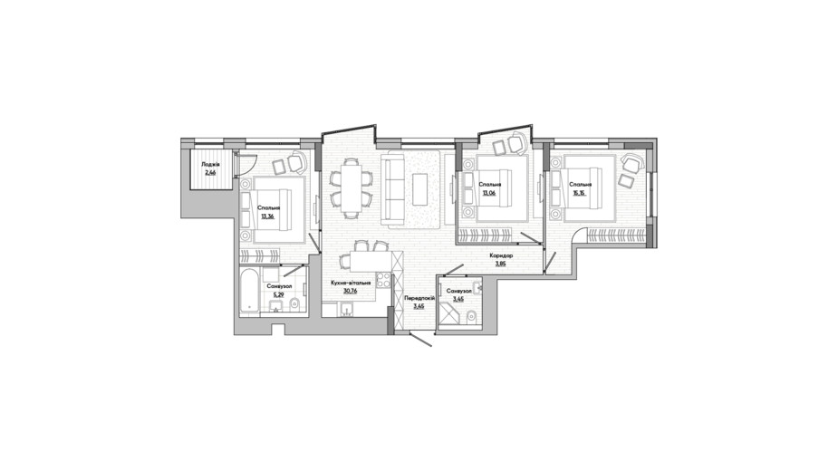 Планировка 3-комнатной квартиры в ЖК Lucky Land 90.86 м², фото 296437