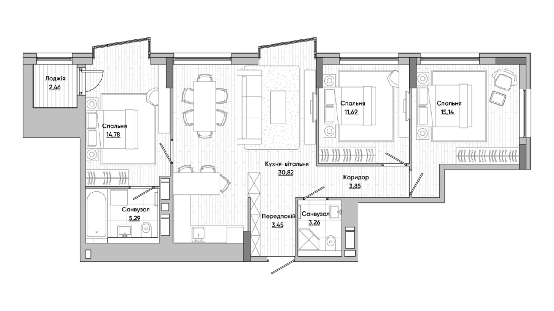 Планировка 3-комнатной квартиры в ЖК Lucky Land 80.51 м², фото 296444