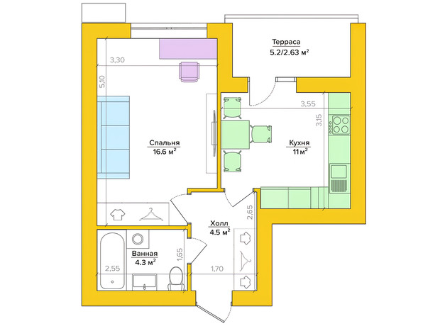 ЖК Vesna: планування 1-кімнатної квартири 38.2 м²