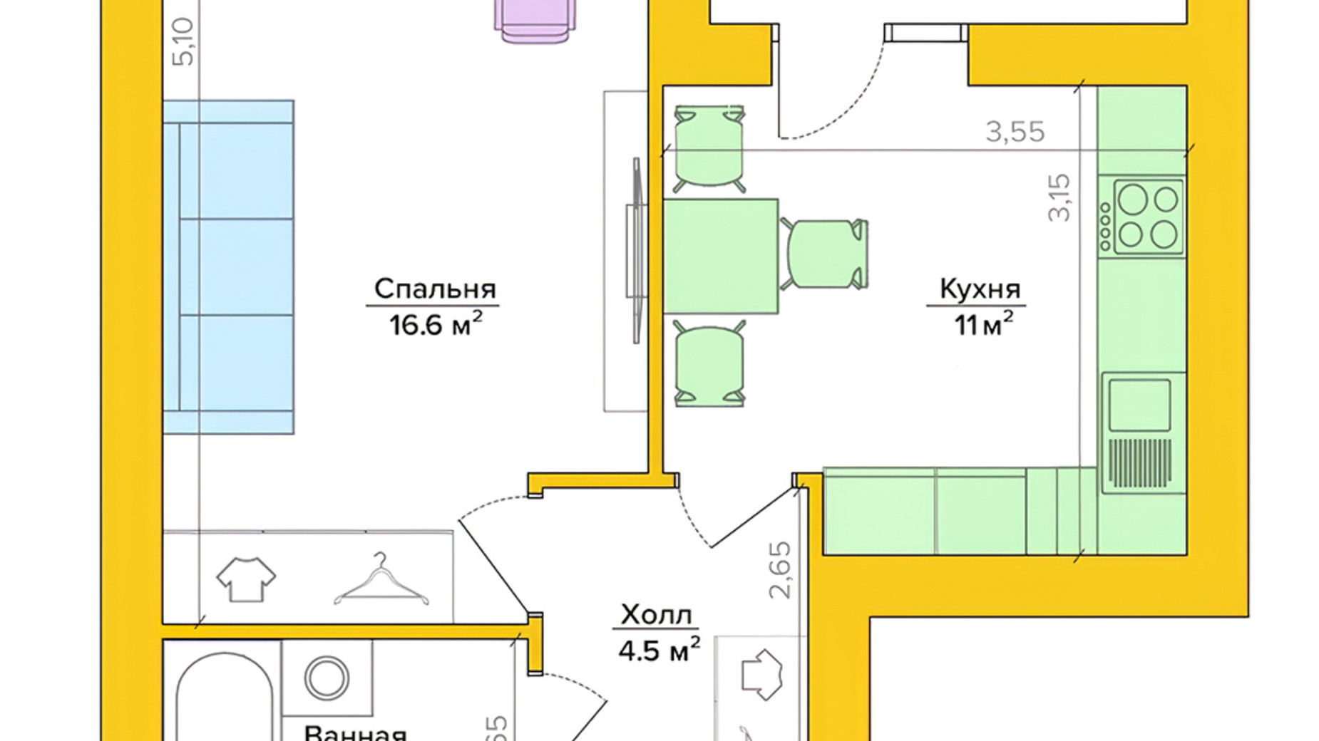 Планировка 1-комнатной квартиры в ЖК Vesna 39 м², фото 297031