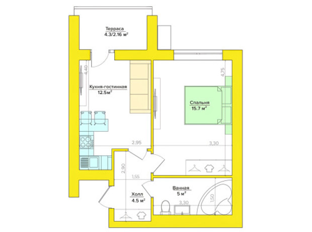 ЖК Vesna: планировка 1-комнатной квартиры 39.9 м²