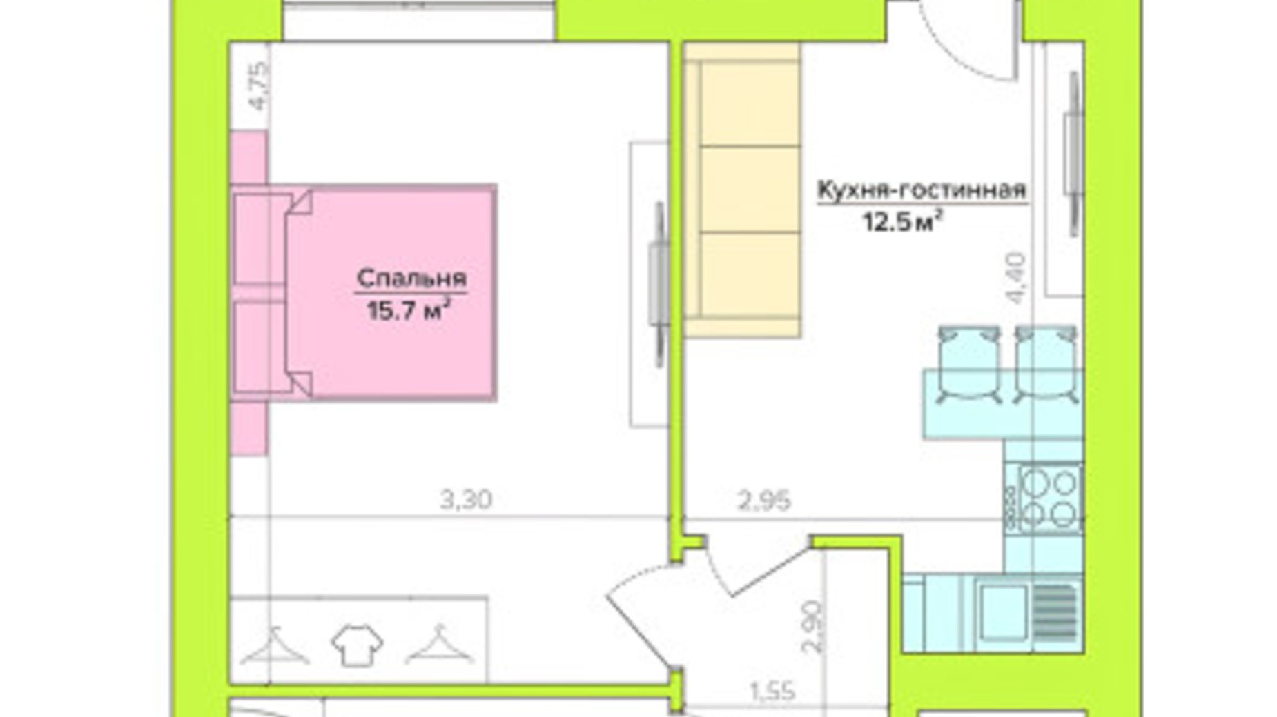 Планування 1-кімнатної квартири в ЖК Vesna 39.9 м², фото 297033