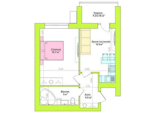 ЖК Vesna: планування 1-кімнатної квартири 39.9 м²