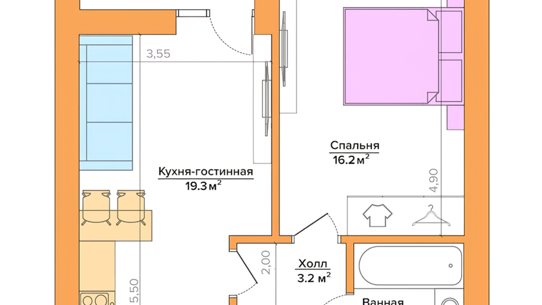 Планировка 1-комнатной квартиры в ЖК Vesna 44.3 м², фото 297037