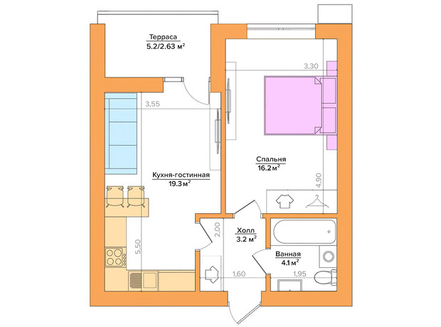 ЖК Vesna: планировка 1-комнатной квартиры 44.3 м²