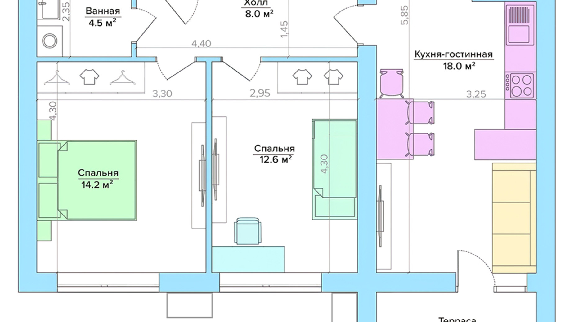 Планування 2-кімнатної квартири в ЖК Vesna 61.3 м², фото 297040