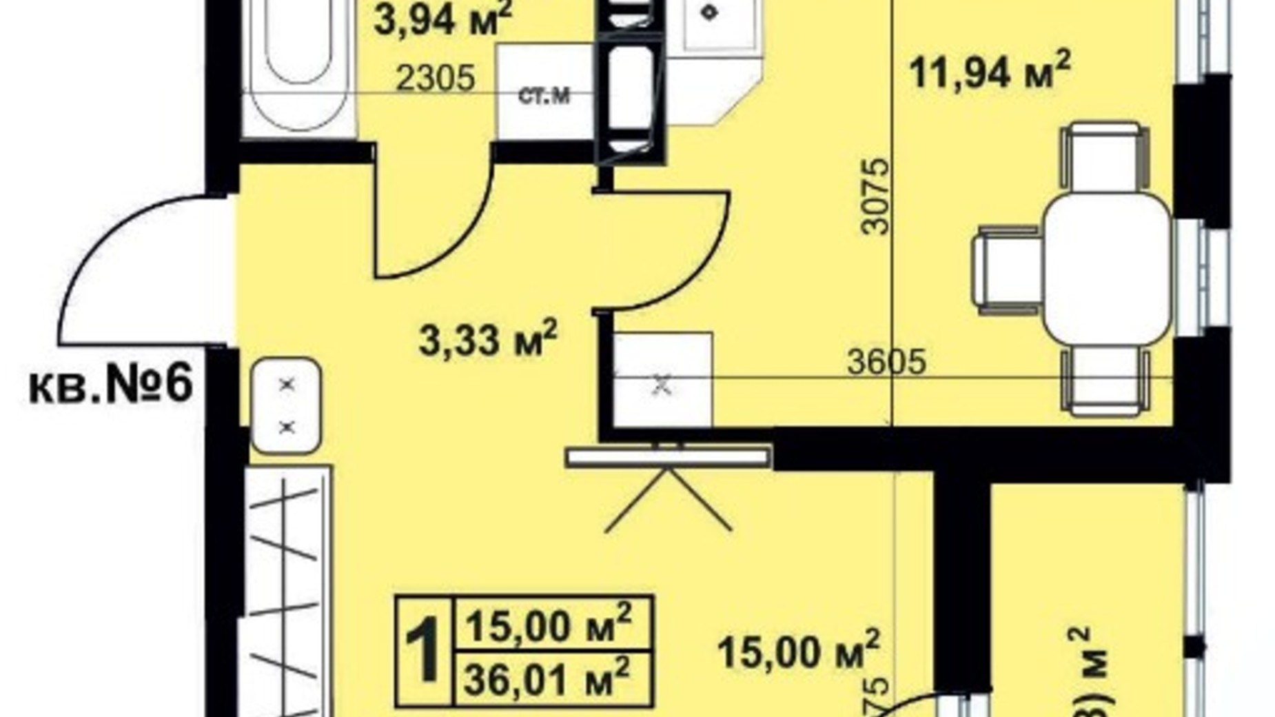 Планировка 1-комнатной квартиры в ЖК Андреевский 36.01 м², фото 297246