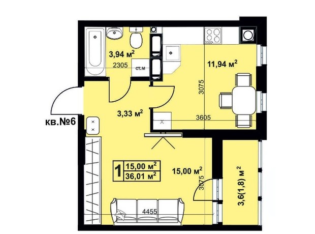 ЖК Андреевский: планировка 1-комнатной квартиры 36.01 м²