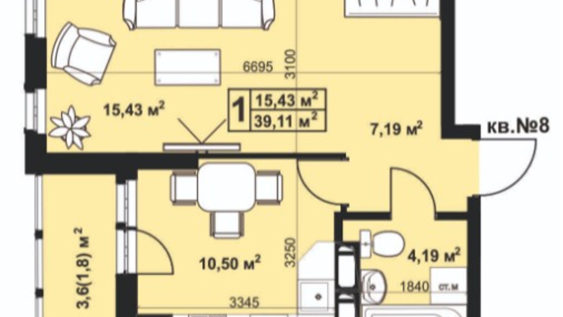 Планування 1-кімнатної квартири в ЖК Андріївський 39.11 м², фото 297247