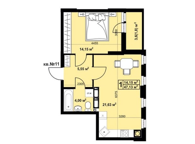 ЖК Андріївський: планування 1-кімнатної квартири 47.13 м²