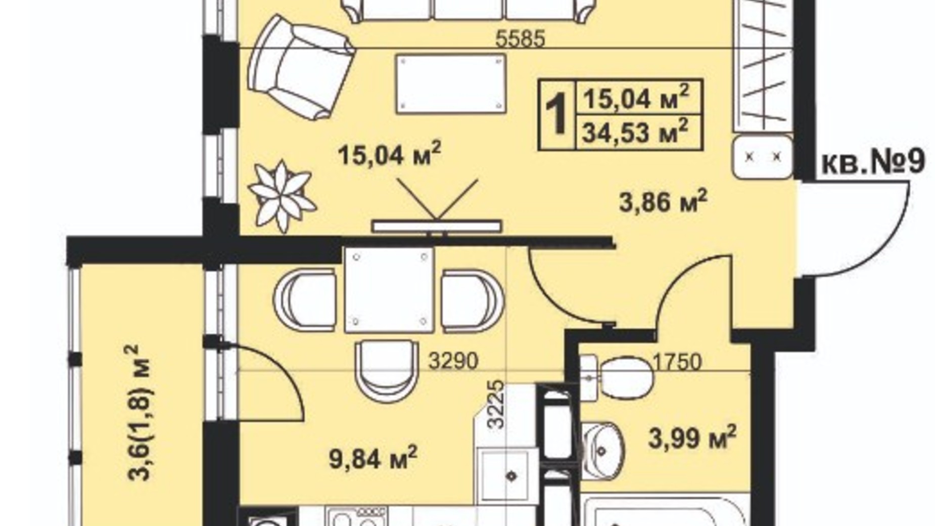 Планировка 1-комнатной квартиры в ЖК Андреевский 34.53 м², фото 297249