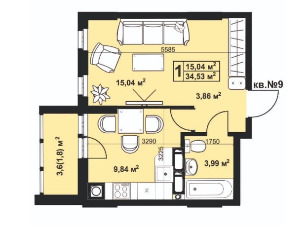 ЖК Андреевский: планировка 1-комнатной квартиры 34.53 м²