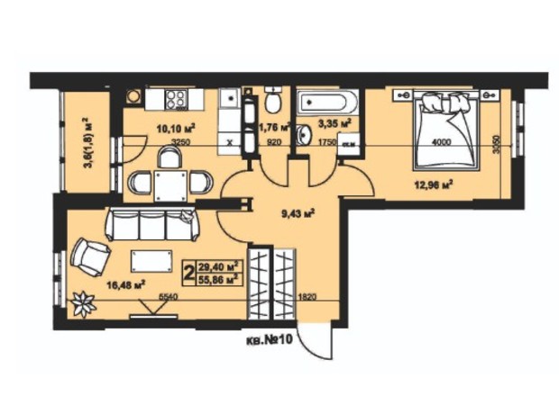 ЖК Андреевский: планировка 2-комнатной квартиры 55.86 м²