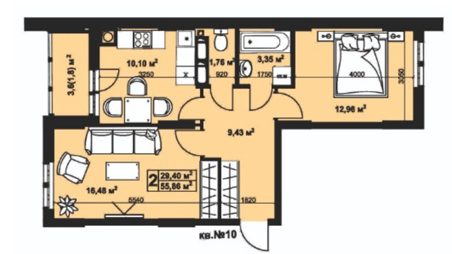 Планування 2-кімнатної квартири в ЖК Андріївський 59.51 м², фото 297251