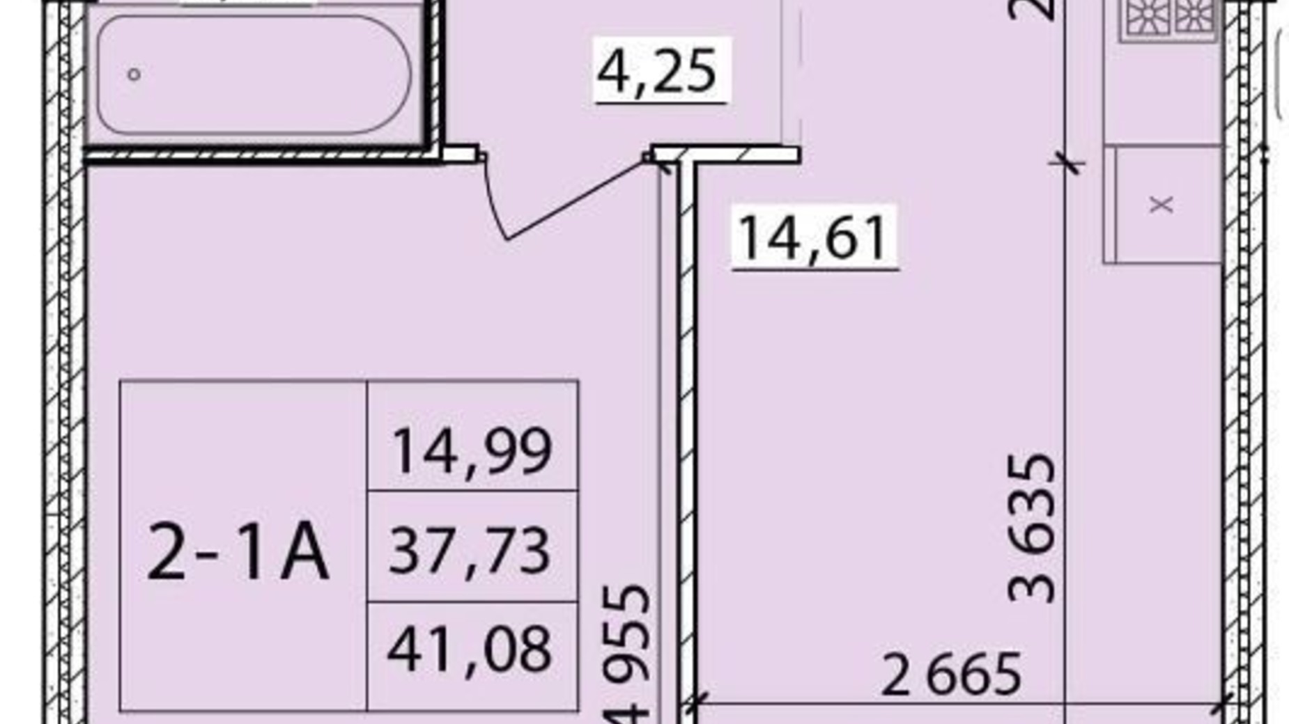 Планировка 1-комнатной квартиры в ЖК Масаны Сити 41.08 м², фото 297424
